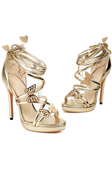 Kvinners Golden Metallic Strappy Stilletos Hæler Sandaler Sko med sommerfugl